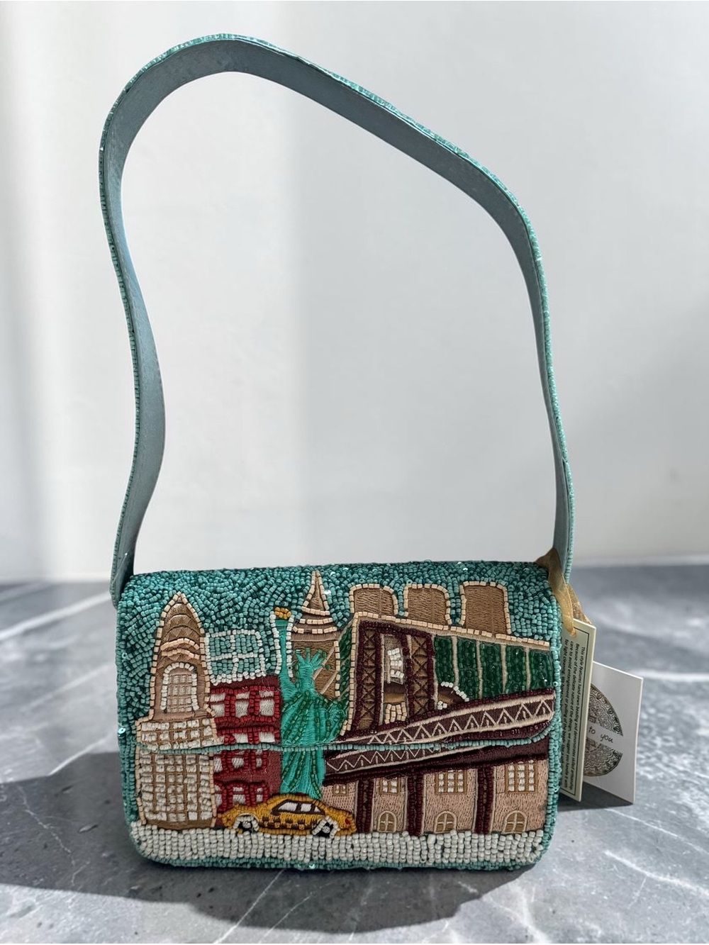 Handcrafted In India New York City Teal Beaded Bag NWT